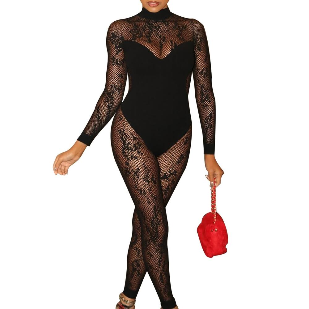 Womens L/XL Mesh Lace Jumpsuit Black Long Sleeve High Neck Sheer Bodysuit